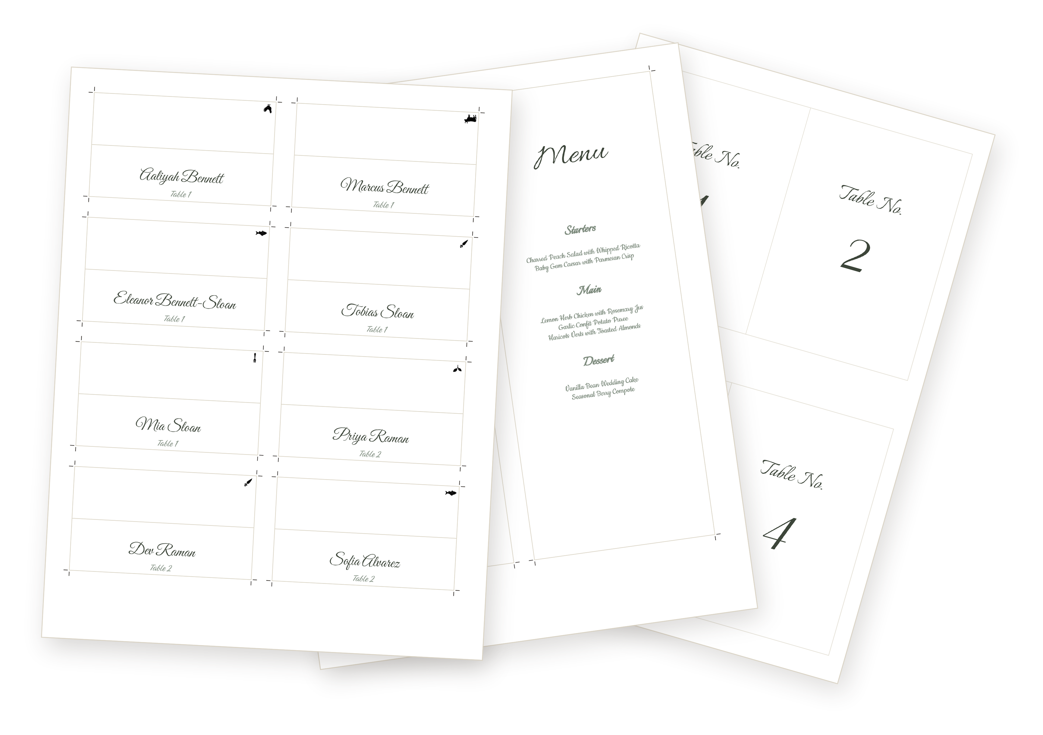 Print-ready place cards, menu cards, and table numbers arranged in a fan